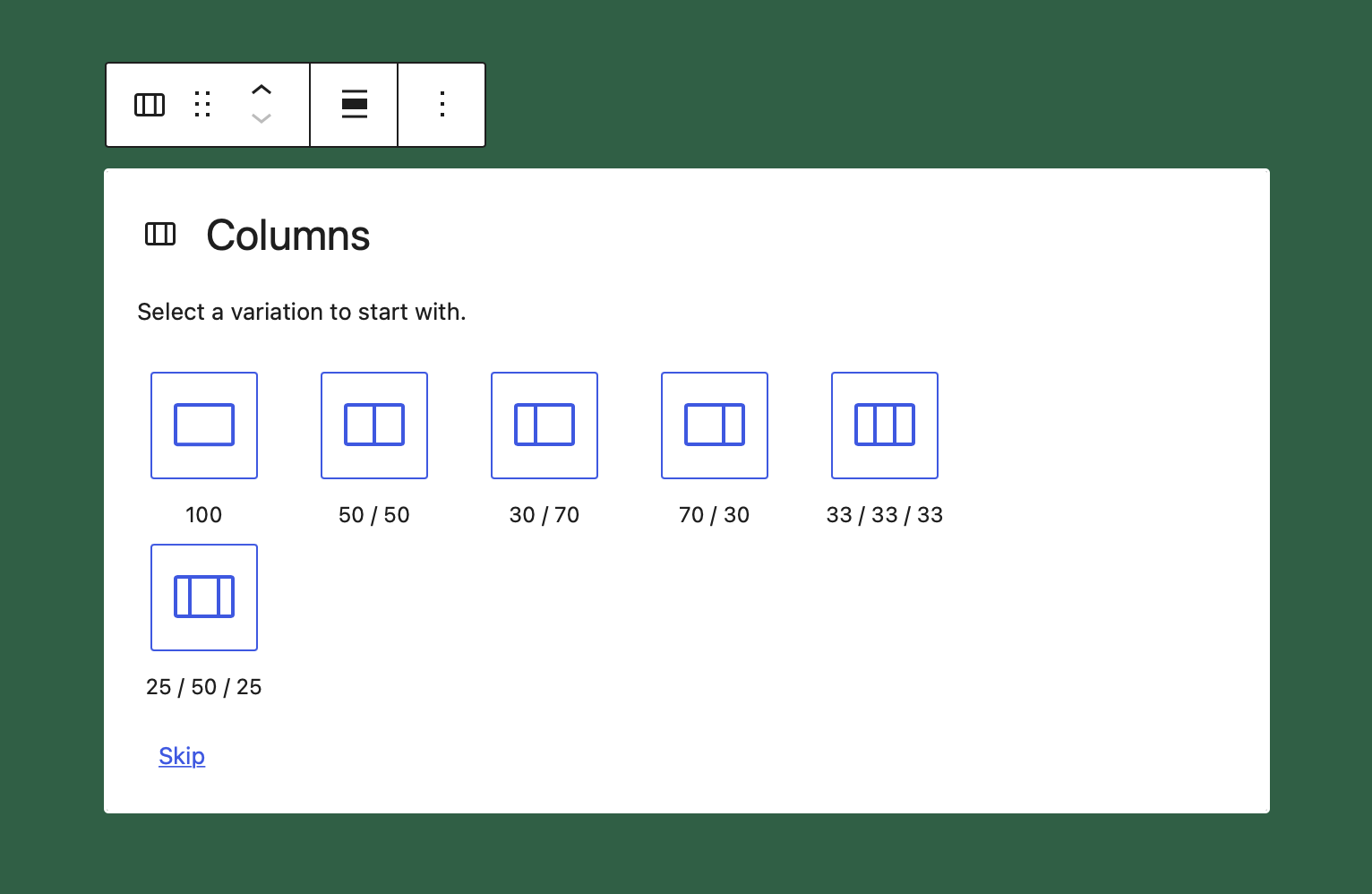 Core Columns Block initial setup state